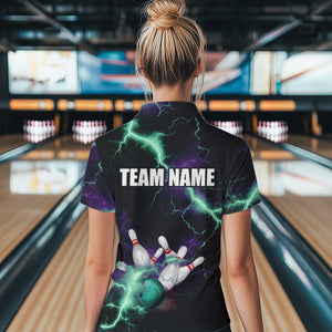 Women bowling shirts Custom Purple green lightning thunder Bowling Team Jersey, gift for team Bowlers NQS9601