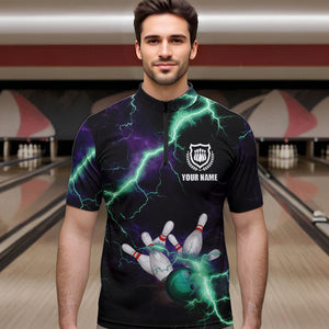 Men bowling shirts Custom Purple green lightning thunder Bowling Team Jersey, gift for team Bowlers NQS9601