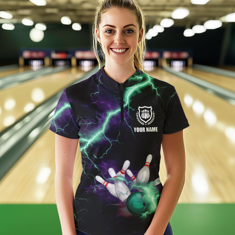 Women bowling shirts Custom Purple green lightning thunder Bowling Team Jersey, gift for team Bowlers NQS9601