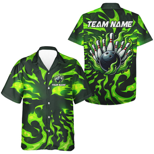 Bowling hawaiian shirts Custom Green Flame Bowling button up shirts, gift for team Bowlers NQS9602