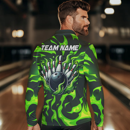 Men bowling Polo, Quarter Zip shirts Custom Green Flame Bowling Team Jersey, gift for team Bowlers NQS9602