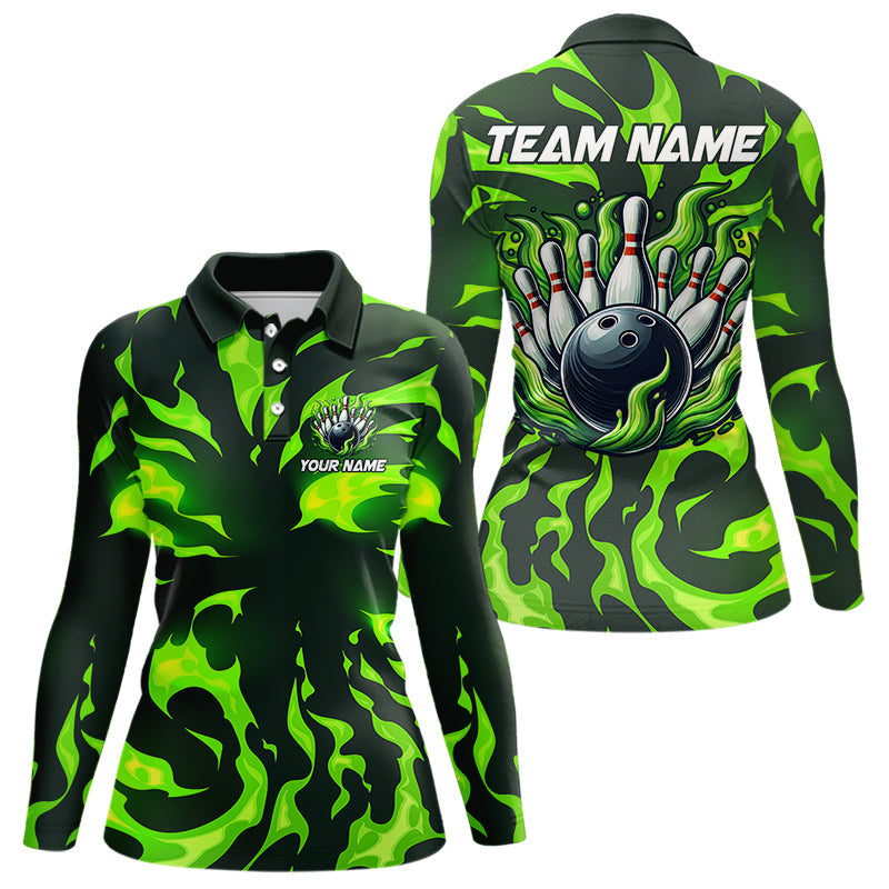 Women bowling Polo, Quarter Zip shirts Custom Green Flame Bowling Team Jersey, gift for team Bowlers NQS9602