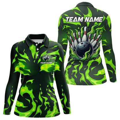 Women bowling Polo, Quarter Zip shirts Custom Green Flame Bowling Team Jersey, gift for team Bowlers NQS9602