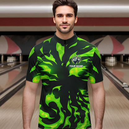 Men bowling Polo, Quarter Zip shirts Custom Green Flame Bowling Team Jersey, gift for team Bowlers NQS9602