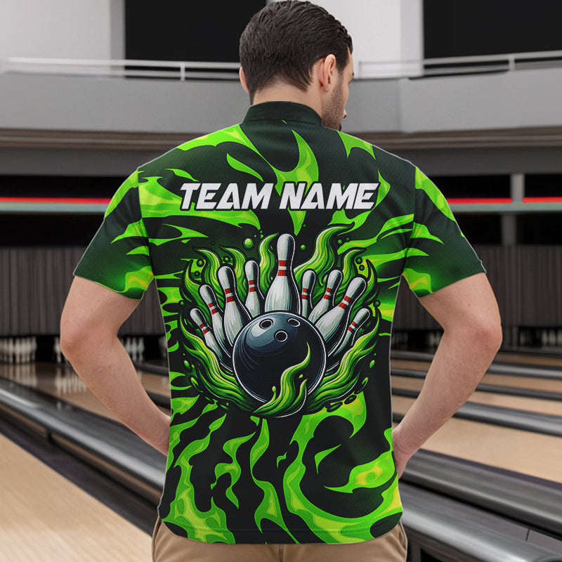 Men bowling Polo, Quarter Zip shirts Custom Green Flame Bowling Team Jersey, gift for team Bowlers NQS9602
