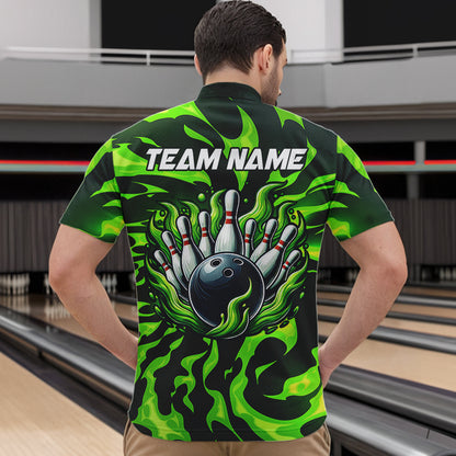 Men bowling Polo, Quarter Zip shirts Custom Green Flame Bowling Team Jersey, gift for team Bowlers NQS9602
