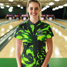 Load image into Gallery viewer, Women bowling Polo, Quarter Zip shirts Custom Green Flame Bowling Team Jersey, gift for team Bowlers NQS9602