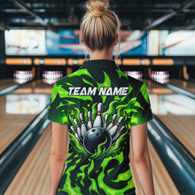Load image into Gallery viewer, Women bowling Polo, Quarter Zip shirts Custom Green Flame Bowling Team Jersey, gift for team Bowlers NQS9602