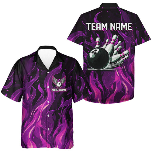 Bowling hawaiian shirts Custom Pink Flame Bowling button up shirts, gift for team Bowlers NQS9603