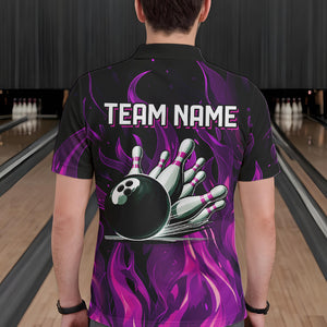 Men bowling Polo, Quarter Zip shirts Custom Pink Flame Bowling Team Jersey, gift for team Bowlers NQS9603