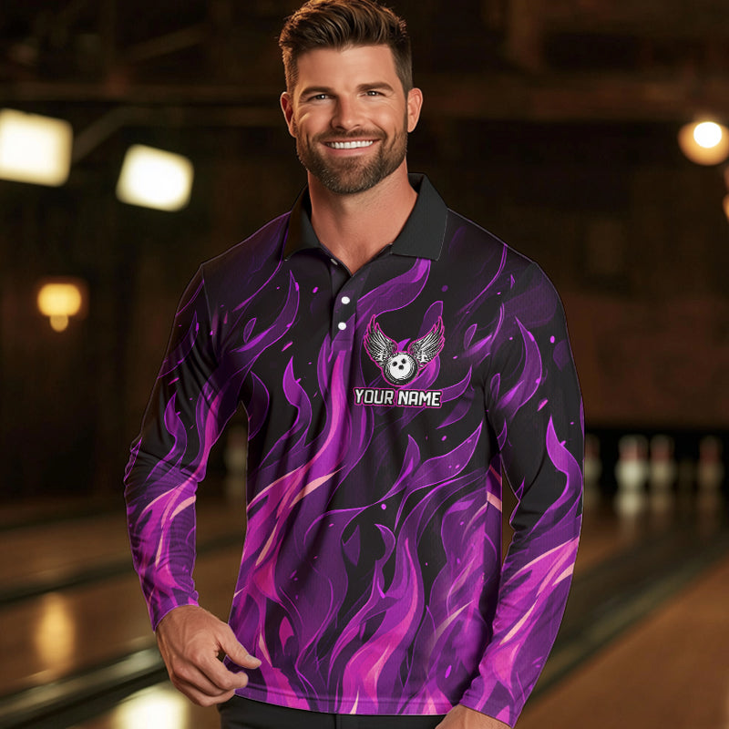 Men bowling Polo, Quarter Zip shirts Custom Pink Flame Bowling Team Jersey, gift for team Bowlers NQS9603