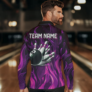 Men bowling Polo, Quarter Zip shirts Custom Pink Flame Bowling Team Jersey, gift for team Bowlers NQS9603