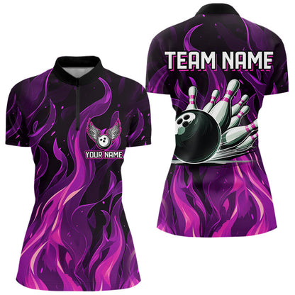 Women bowling Polo, Quarter Zip shirts Custom Pink Flame Bowling Team Jersey, gift for team Bowlers NQS9603