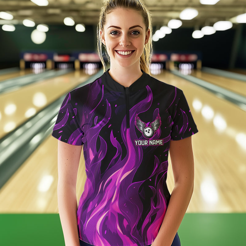 Women bowling Polo, Quarter Zip shirts Custom Pink Flame Bowling Team Jersey, gift for team Bowlers NQS9603