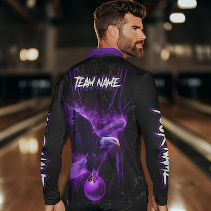 Black and Purple Flame Eagle Bowling Shirt For Men Custom Team Name Bowling Jerseys For Bowlers NQS9749