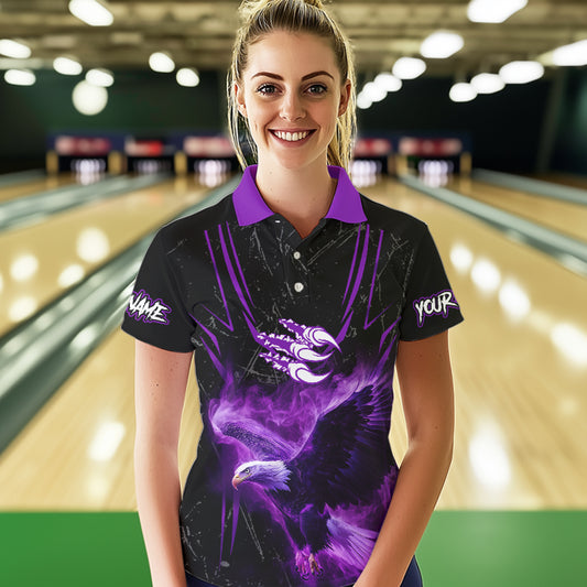 Black and Purple Flame Eagle Bowling Shirt For Women Custom Team Name Bowling Jerseys For Bowlers NQS9749