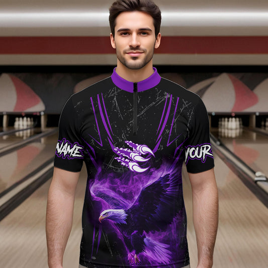Black and Purple Flame Eagle Bowling Shirt For Men Custom Team Name Bowling Jerseys For Bowlers NQS9749