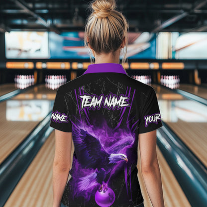 Black and Purple Flame Eagle Bowling Shirt For Women Custom Team Name Bowling Jerseys For Bowlers NQS9749
