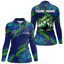 Load image into Gallery viewer, Blue and Green camo Bowling Polo Shirt for Women Custom Flame Bowling ball pins Team Bowler Jerseys NQS7529