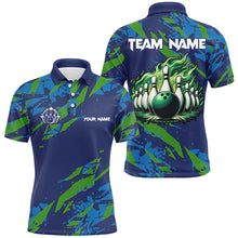 Load image into Gallery viewer, Blue and Green camo Bowling Polo Shirt for Men Custom Flame Bowling ball pins Team Bowler Jerseys NQS7529