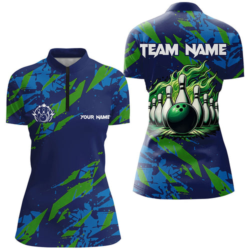 Blue and Green camo Bowling Quarter Zip Shirt for Women Custom Flame Bowling ball pins Team Jerseys NQS7529