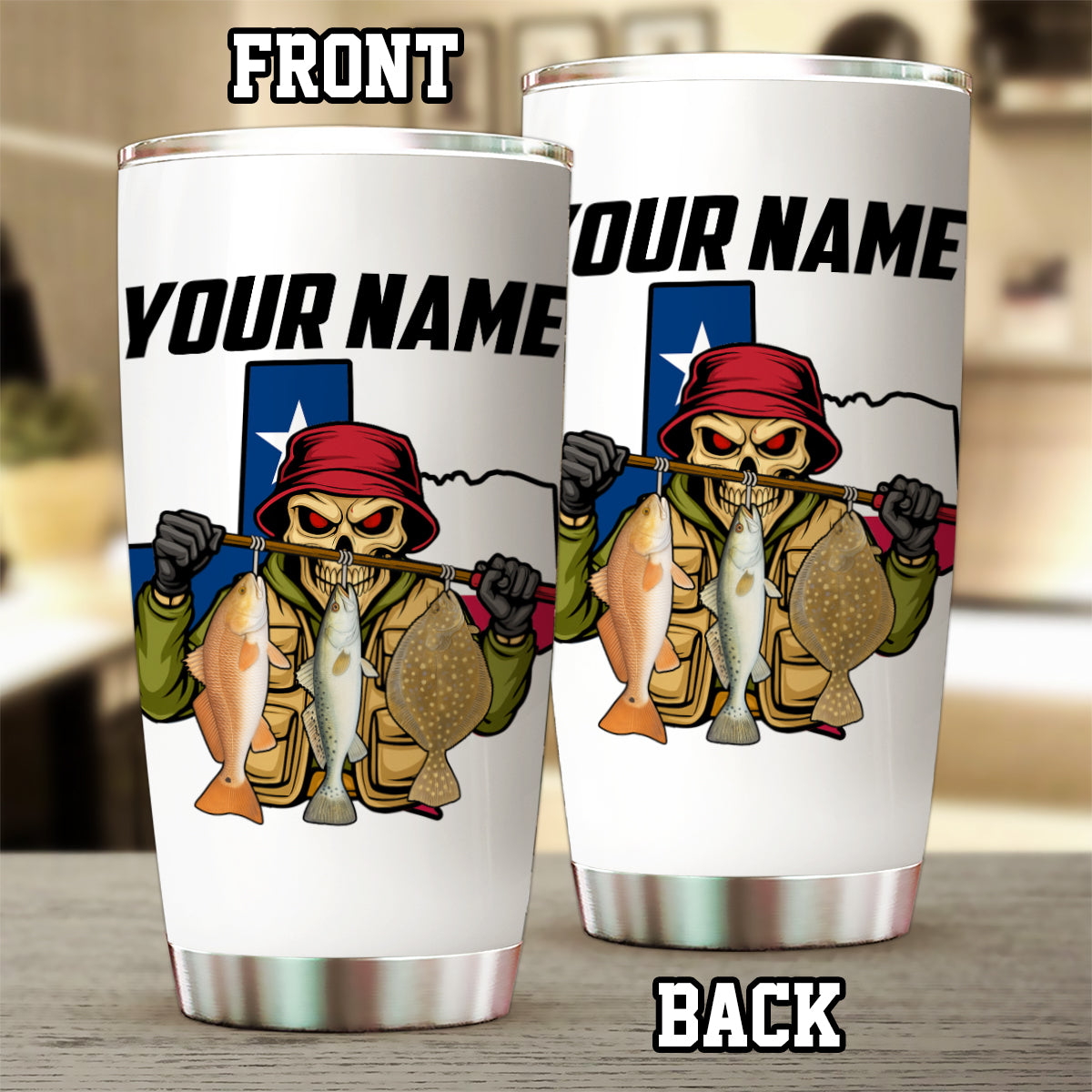 1PC Texas Inshore Slam Fish Reaper Fishing Custom Name Redfish, Trout, Flounder Fishing Tumbler Cup NQS9897