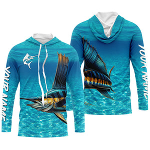 Sailfish fishing blue water camo Custom Name sun protection long sleeve fishing shirt for men, women NQS5553