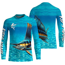 Load image into Gallery viewer, Sailfish fishing blue water camo Custom Name sun protection long sleeve fishing shirt for men, women NQS5553