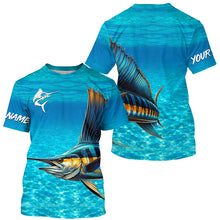 Load image into Gallery viewer, Sailfish fishing blue water camo Custom Name sun protection long sleeve fishing shirt for men, women NQS5553