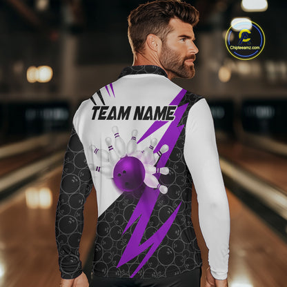 Black and White Bowling Polo, Quarter Zip Shirt for Men Custom Lightning Team bowling jersey | Purple NQS10003