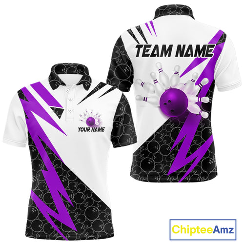 Black and White Bowling Polo, Quarter Zip Shirt for Men Custom Lightning Team bowling jersey | Purple NQS10003