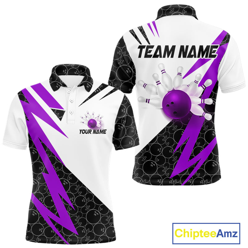 Black and White Bowling Polo, Quarter Zip Shirt for Men Custom Lightning Team bowling jersey | Purple NQS10003