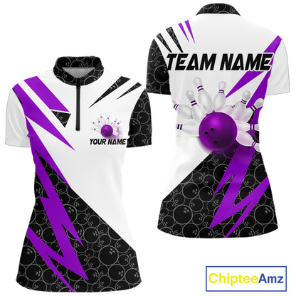 Black & White Bowling Polo, Quarter Zip Shirt for Women Custom Lightning Team bowling jersey | Purple NQS10003