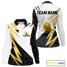 Load image into Gallery viewer, Black &amp; White Bowling Polo, Quarter Zip Shirt for Women Custom Lightning Team bowling jersey | Gold NQS10004