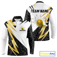Load image into Gallery viewer, Black and White Bowling Polo, Quarter Zip Shirt for Men Custom Lightning Team bowling jersey | Gold NQS10004