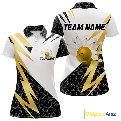 Black & White Bowling Polo, Quarter Zip Shirt for Women Custom Lightning Team bowling jersey | Gold NQS10004