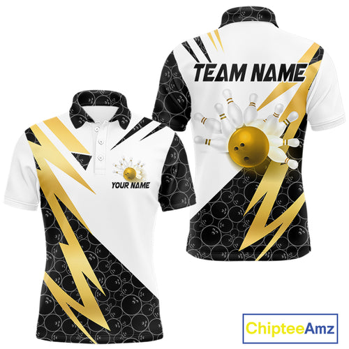 Black and White Bowling Polo, Quarter Zip Shirt for Men Custom Lightning Team bowling jersey | Gold NQS10004