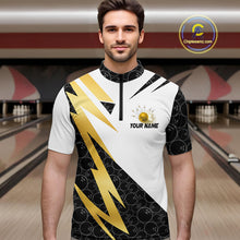 Load image into Gallery viewer, Black and White Bowling Polo, Quarter Zip Shirt for Men Custom Lightning Team bowling jersey | Gold NQS10004