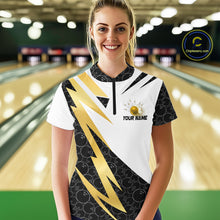 Load image into Gallery viewer, Black &amp; White Bowling Polo, Quarter Zip Shirt for Women Custom Lightning Team bowling jersey | Gold NQS10004
