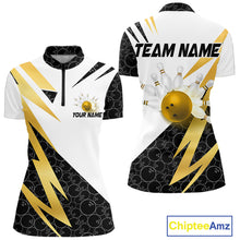 Load image into Gallery viewer, Black &amp; White Bowling Polo, Quarter Zip Shirt for Women Custom Lightning Team bowling jersey | Gold NQS10004
