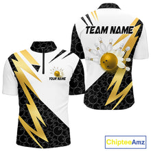Load image into Gallery viewer, Black and White Bowling Polo, Quarter Zip Shirt for Men Custom Lightning Team bowling jersey | Gold NQS10004