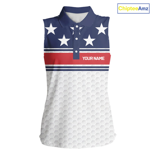 Red, White and Blue American Flag Women sleeveless golf polo shirt custom patriotic ldies golf attire NQS10006