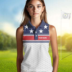 Red, White and Blue American Flag Women sleeveless golf polo shirt custom patriotic ldies golf attire NQS10006