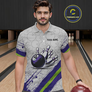 Purple and Green Bowling Camo Polo, 1/4 Zip Shirt for Men Custom Team bowling jersey gift for bowlers NQS10008