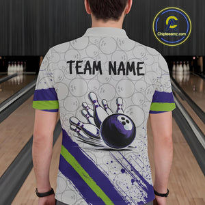 Purple and Green Bowling Camo Polo, 1/4 Zip Shirt for Men Custom Team bowling jersey gift for bowlers NQS10008