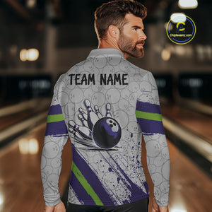 Purple and Green Bowling Camo Polo, 1/4 Zip Shirt for Men Custom Team bowling jersey gift for bowlers NQS10008