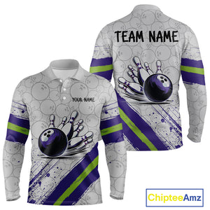 Purple and Green Bowling Camo Polo, 1/4 Zip Shirt for Men Custom Team bowling jersey gift for bowlers NQS10008