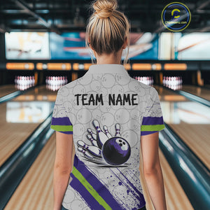 Purple and Green Bowling Camo Women Polo, 1/4 Zip Shirt Custom Team bowling jersey gift for bowlers NQS10008