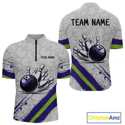 Purple and Green Bowling Camo Polo, 1/4 Zip Shirt for Men Custom Team bowling jersey gift for bowlers NQS10008