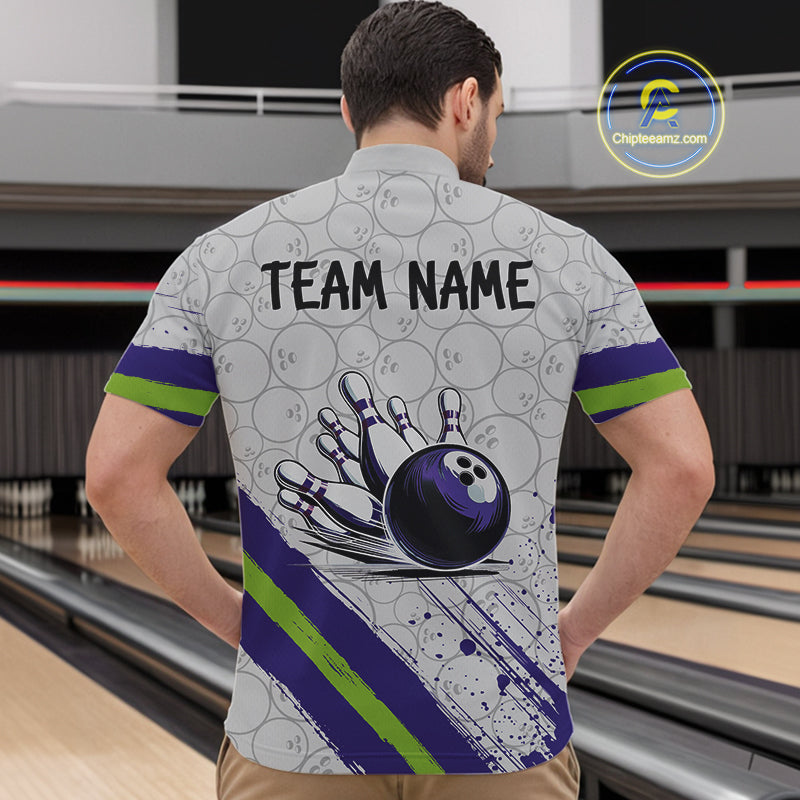 Purple and Green Bowling Camo Polo, 1/4 Zip Shirt for Men Custom Team bowling jersey gift for bowlers NQS10008